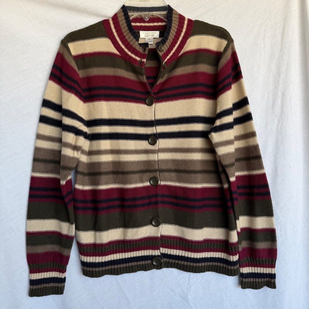 Christopher & Banks Cardigan Grandma Sweater Striped Burgundy Medium